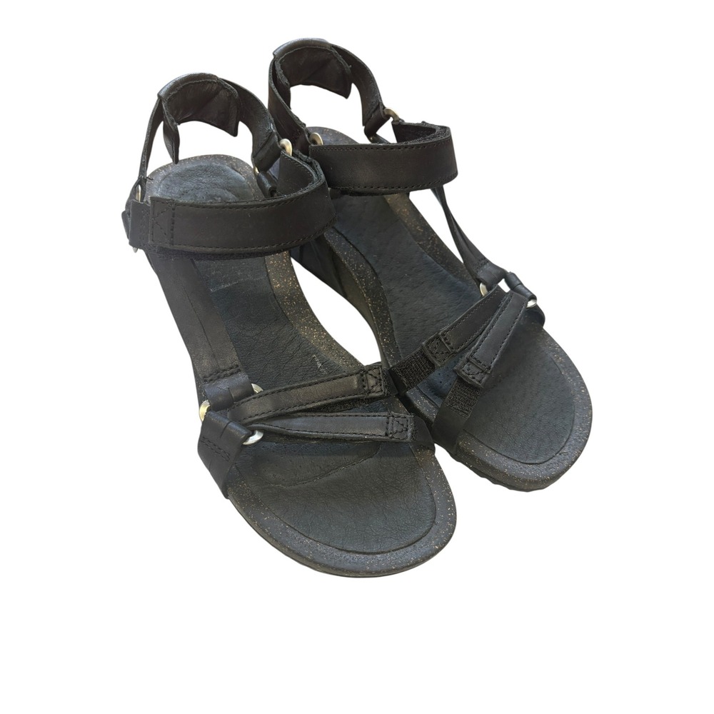 Teva Ysidro Universal Wedge Sandals Black Leather Comfort Adjustable Straps 6